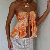 BXOXO Women Leaf Print Tube Tops Split Front Cross Tie-up Off Shoulder Sleeveless Crop Ruffle Shirts Summer Y2K Party Clothes